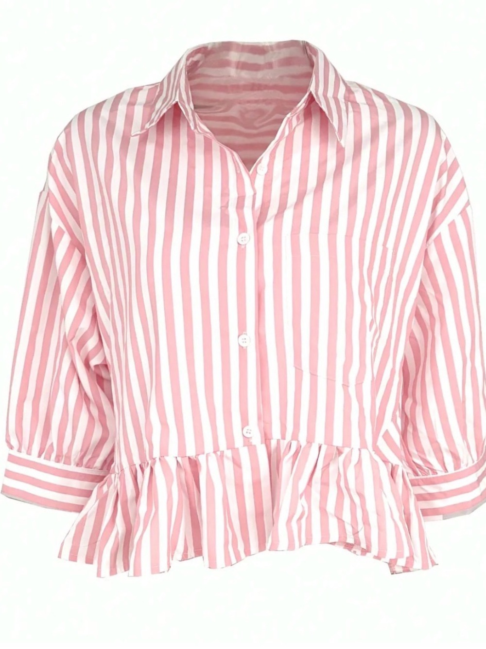 BIBI Pink Striped Ruffle Hem Cropped Button Down Blouse Free People Style Medium